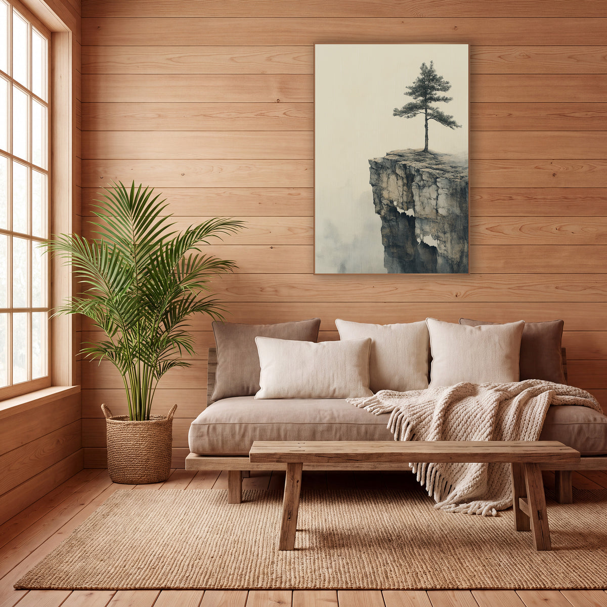 Solitary Pine Cliff Japandi Landscape wall art in a calm Japandi-style room – lone pine tree on a cracked rock cliff