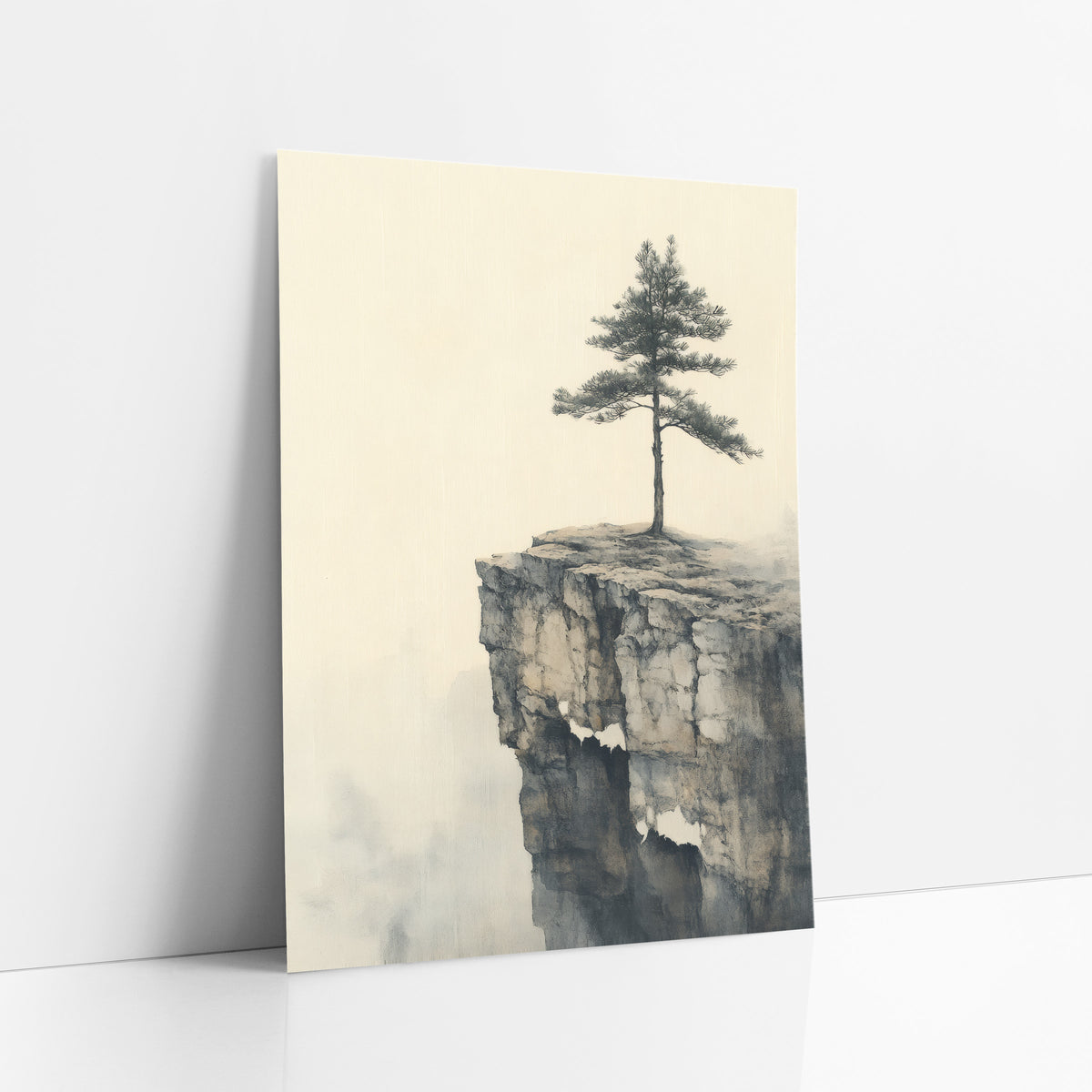 Solitary Pine Cliff Japandi Landscape art print leaning against a white wall – lone pine tree on a cracked rock cliff