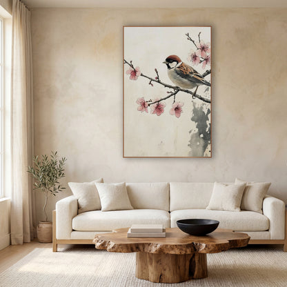 Left Facing Sparrow Ink Wash wall art in a calm Japandi-style room – sparrow with chestnut cap perched on a branch