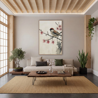 Left Facing Sparrow Ink Wash wall art in a calm Japandi-style room – sparrow with chestnut cap perched on a branch