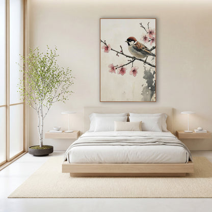 Left Facing Sparrow Ink Wash wall art in a calm Japandi-style room – sparrow with chestnut cap perched on a branch