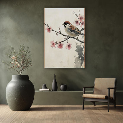Left Facing Sparrow Ink Wash wall art in a calm Japandi-style room – sparrow with chestnut cap perched on a branch