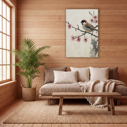 Left Facing Sparrow Ink Wash wall art in a calm Japandi-style room – sparrow with chestnut cap perched on a branch