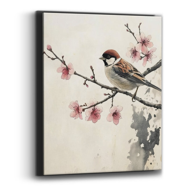 Left Facing Sparrow Ink Wash Canvas Wall Art