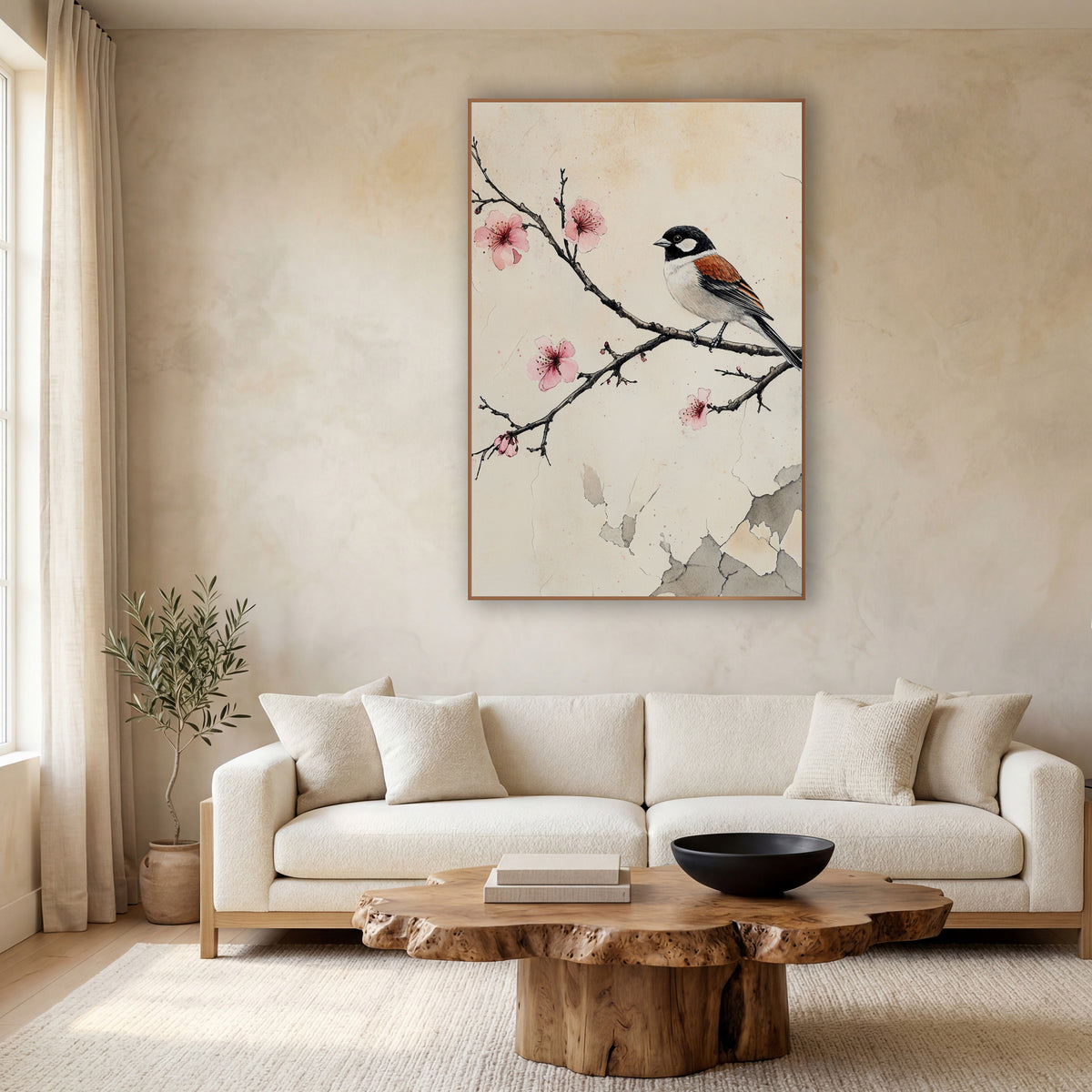Black Capped Sparrow Cracked Plaster wall art in a calm Japandi-style room – sparrow with black head and rust wings