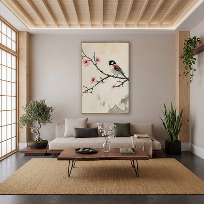 Black Capped Sparrow Cracked Plaster wall art in a calm Japandi-style room – sparrow with black head and rust wings