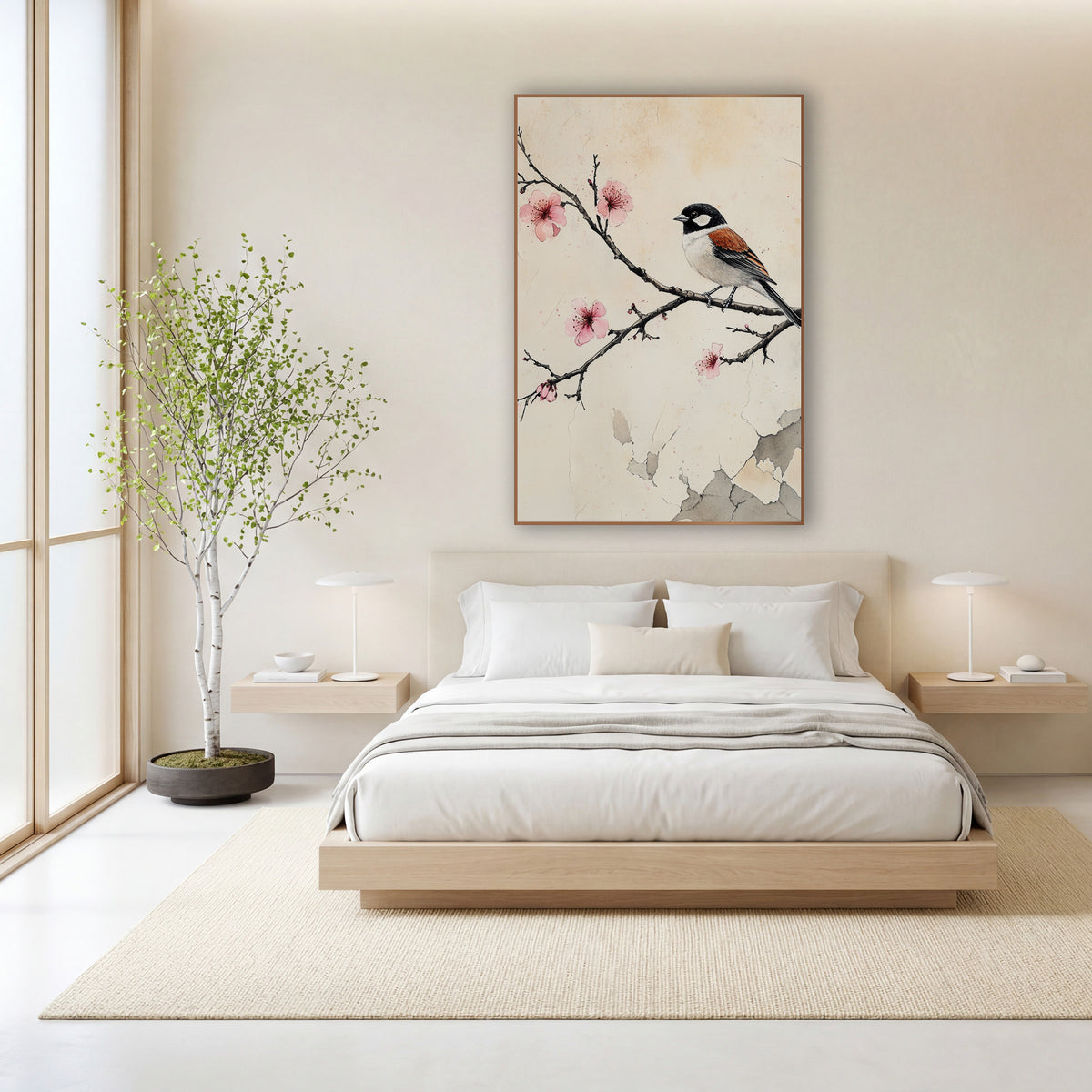 Black Capped Sparrow Cracked Plaster wall art in a calm Japandi-style room – sparrow with black head and rust wings