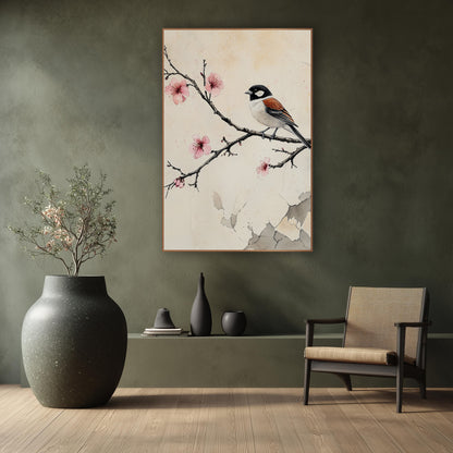 Black Capped Sparrow Cracked Plaster wall art in a calm Japandi-style room – sparrow with black head and rust wings