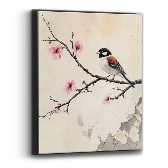 Black Capped Sparrow Cracked Plaster Canvas Wall Art