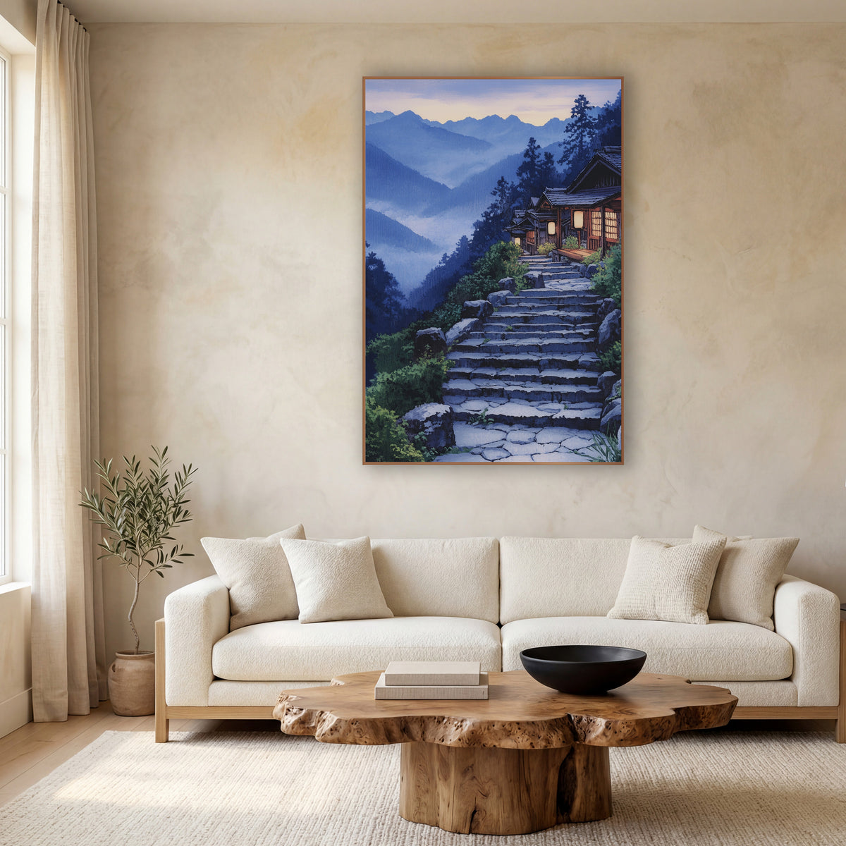 Lantern Lit Cabin Steps Japandi wall art in a calm Japandi-style room – stone steps climb past green shrubs