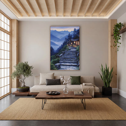 Lantern Lit Cabin Steps Japandi wall art in a calm Japandi-style room – stone steps climb past green shrubs