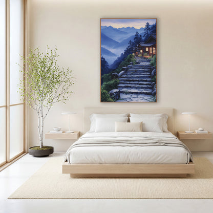 Lantern Lit Cabin Steps Japandi wall art in a calm Japandi-style room – stone steps climb past green shrubs