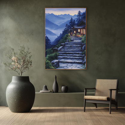 Lantern Lit Cabin Steps Japandi wall art in a calm Japandi-style room – stone steps climb past green shrubs