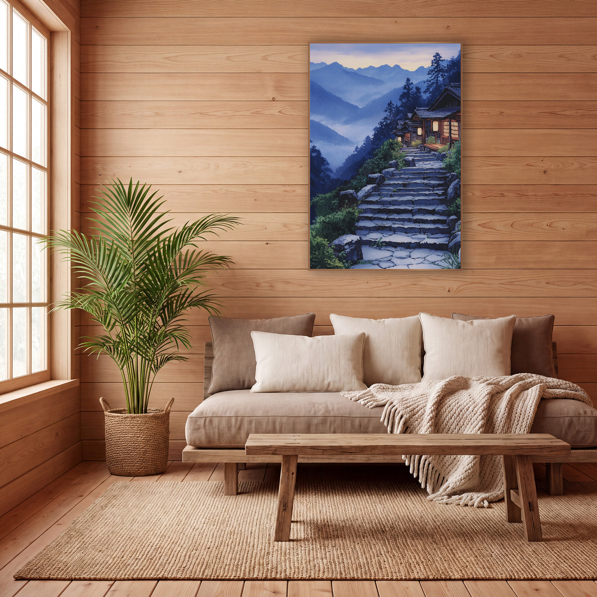 Lantern Lit Cabin Steps Japandi wall art in a calm Japandi-style room – stone steps climb past green shrubs