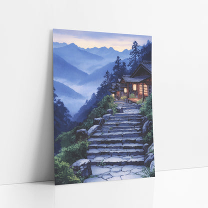 Lantern Lit Cabin Steps Japandi art print leaning against a white wall – stone steps climb past green shrubs to lantern-lit