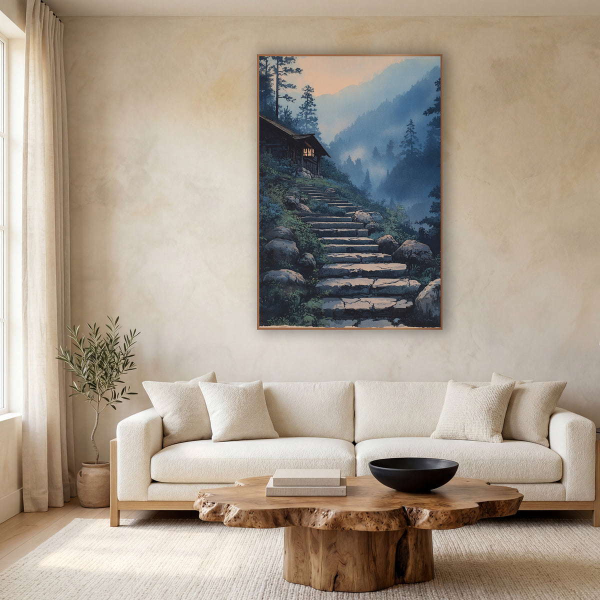 Hillside Cabin Pine Stairway Japandi wall art in a calm Japandi-style room – illustration of cracked stone steps
