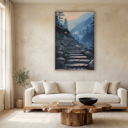 Hillside Cabin Pine Stairway Japandi wall art in a calm Japandi-style room – illustration of cracked stone steps