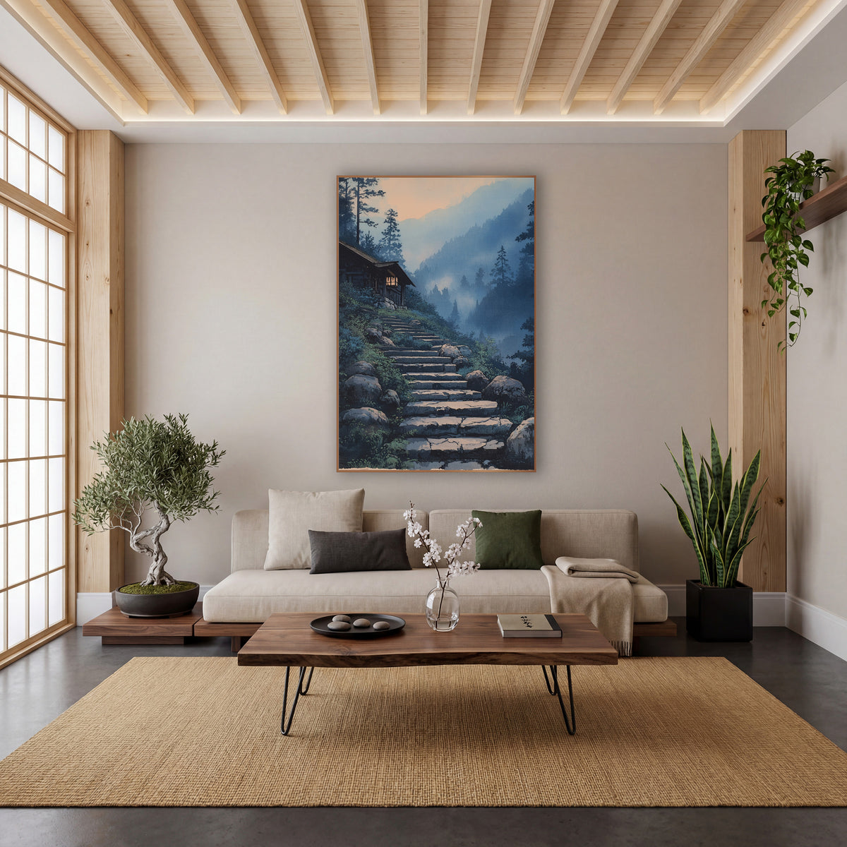 Hillside Cabin Pine Stairway Japandi wall art in a calm Japandi-style room – illustration of cracked stone steps