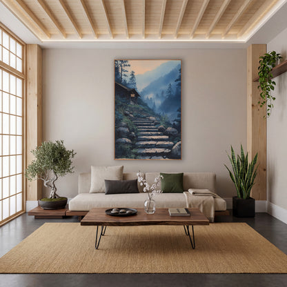 Hillside Cabin Pine Stairway Japandi wall art in a calm Japandi-style room – illustration of cracked stone steps