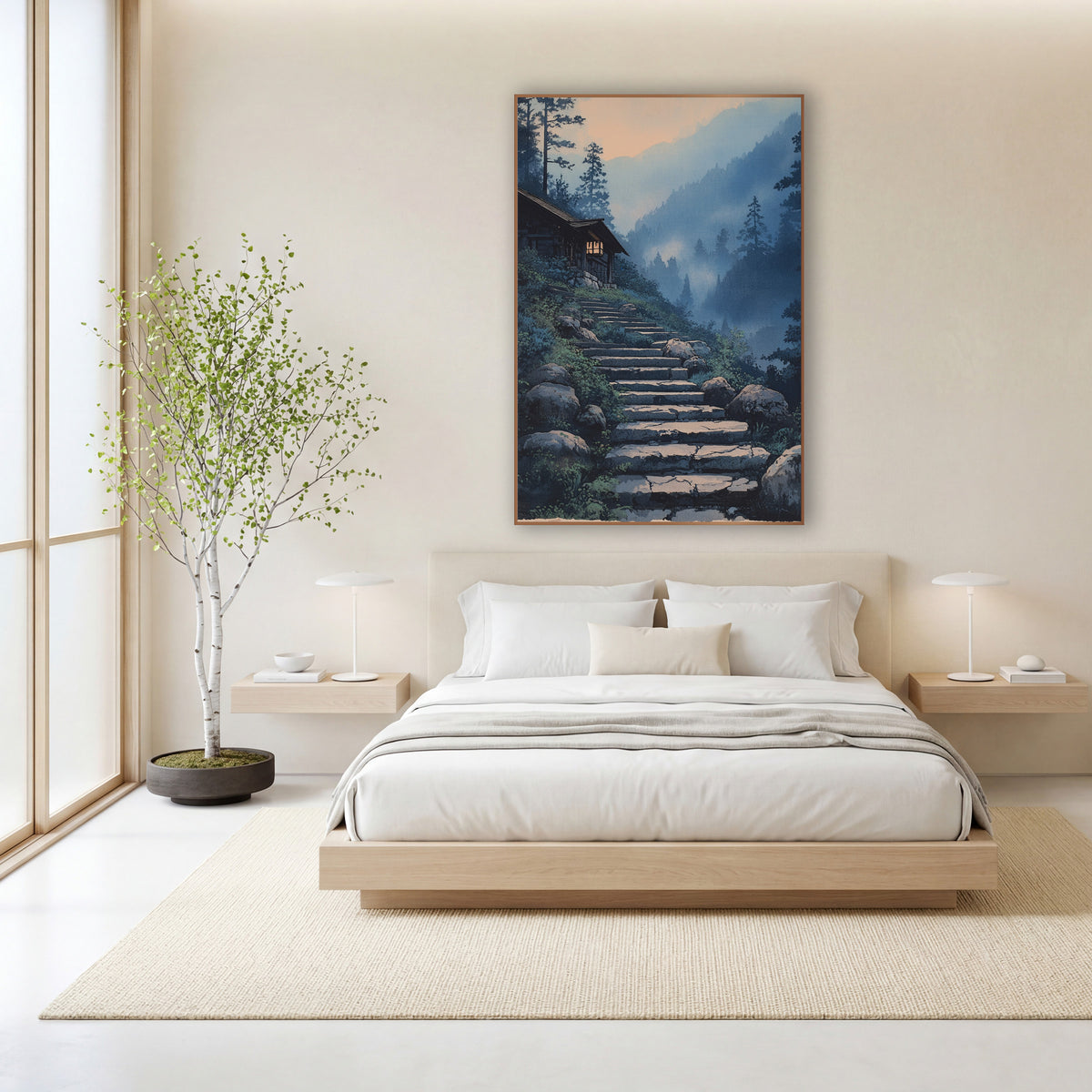 Hillside Cabin Pine Stairway Japandi wall art in a calm Japandi-style room – illustration of cracked stone steps