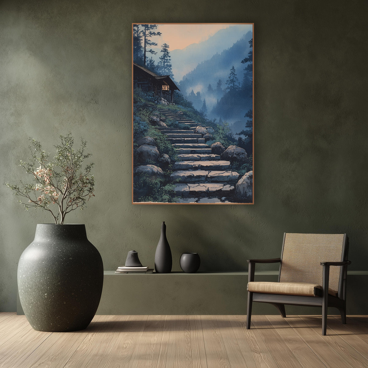 Hillside Cabin Pine Stairway Japandi wall art in a calm Japandi-style room – illustration of cracked stone steps