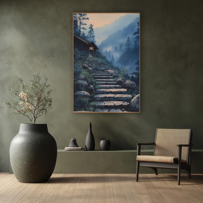 Hillside Cabin Pine Stairway Japandi wall art in a calm Japandi-style room – illustration of cracked stone steps