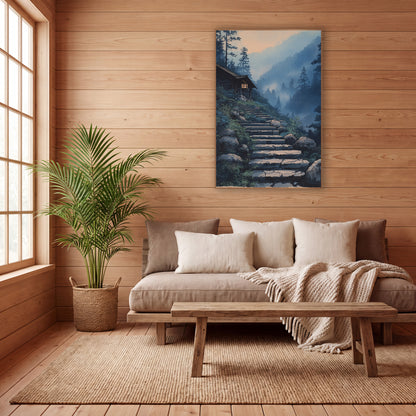 Hillside Cabin Pine Stairway Japandi wall art in a calm Japandi-style room – illustration of cracked stone steps