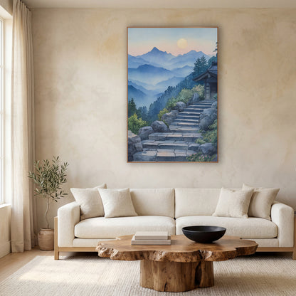Moonrise Shrine Steps Watercolor Japandi wall art in a calm Japandi-style room – stone steps rising past boulders