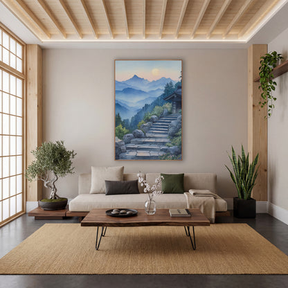 Moonrise Shrine Steps Watercolor Japandi wall art in a calm Japandi-style room – stone steps rising past boulders