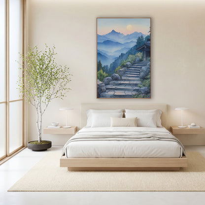 Moonrise Shrine Steps Watercolor Japandi wall art in a calm Japandi-style room – stone steps rising past boulders