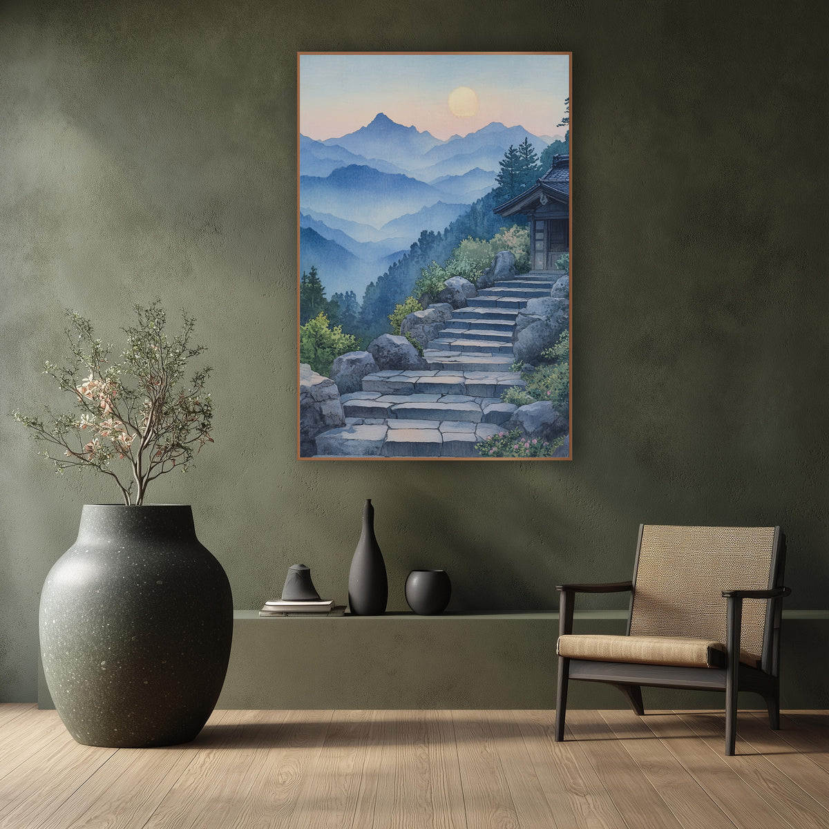 Moonrise Shrine Steps Watercolor Japandi wall art in a calm Japandi-style room – stone steps rising past boulders