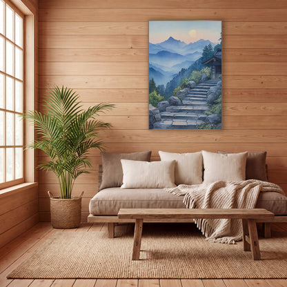 Moonrise Shrine Steps Watercolor Japandi wall art in a calm Japandi-style room – stone steps rising past boulders