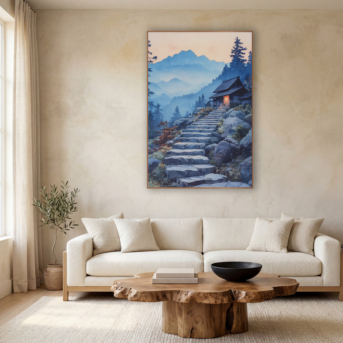 Red Lantern Dusk Stairway Japandi wall art in a calm Japandi-style room – watercolor-style scene of stone steps