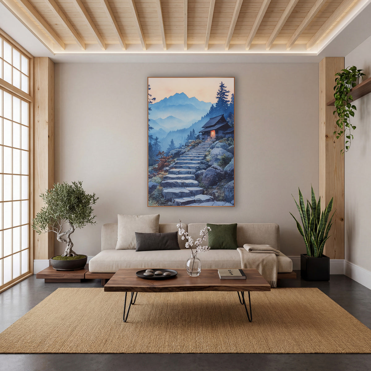 Red Lantern Dusk Stairway Japandi wall art in a calm Japandi-style room – watercolor-style scene of stone steps