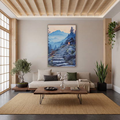 Red Lantern Dusk Stairway Japandi wall art in a calm Japandi-style room – watercolor-style scene of stone steps