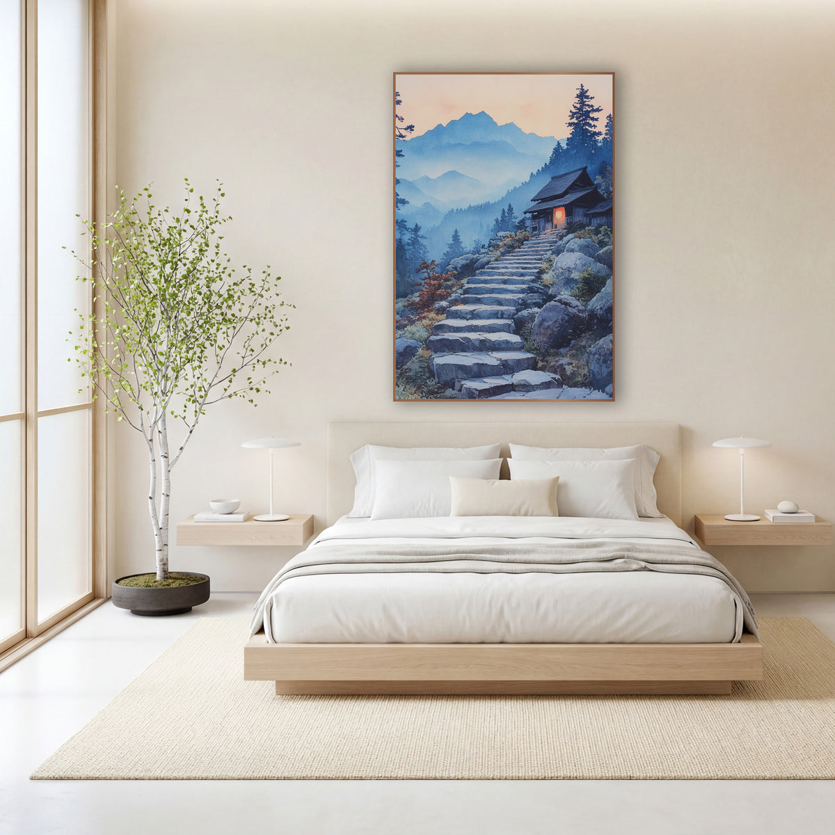 Red Lantern Dusk Stairway Japandi wall art in a calm Japandi-style room – watercolor-style scene of stone steps