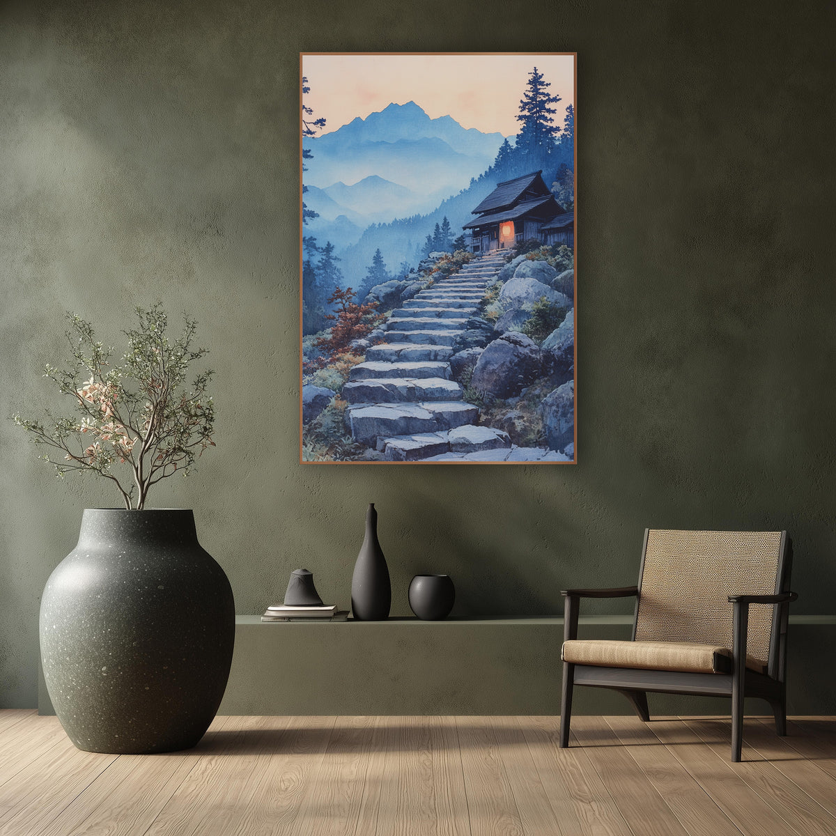 Red Lantern Dusk Stairway Japandi wall art in a calm Japandi-style room – watercolor-style scene of stone steps