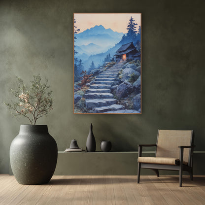 Red Lantern Dusk Stairway Japandi wall art in a calm Japandi-style room – watercolor-style scene of stone steps