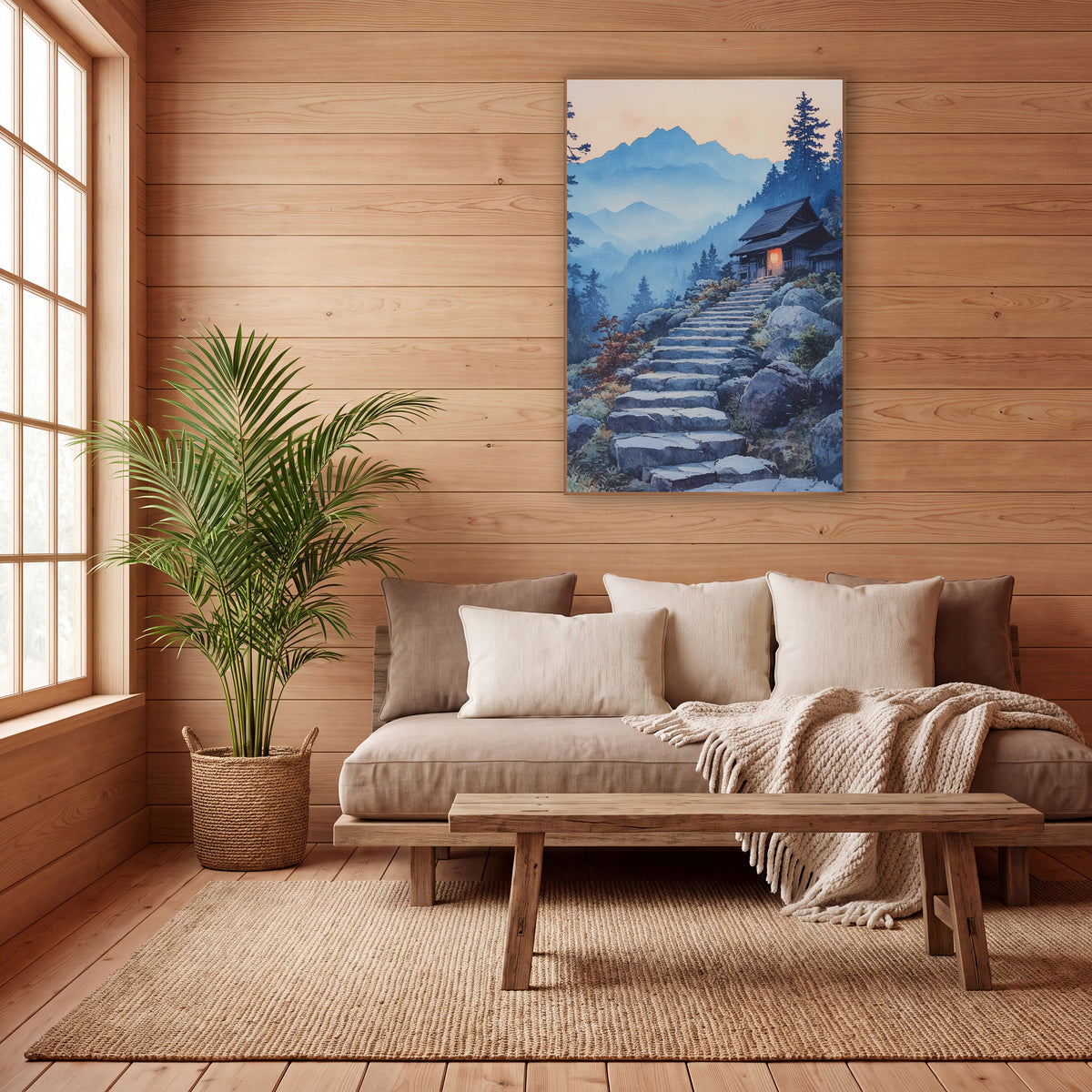 Red Lantern Dusk Stairway Japandi wall art in a calm Japandi-style room – watercolor-style scene of stone steps