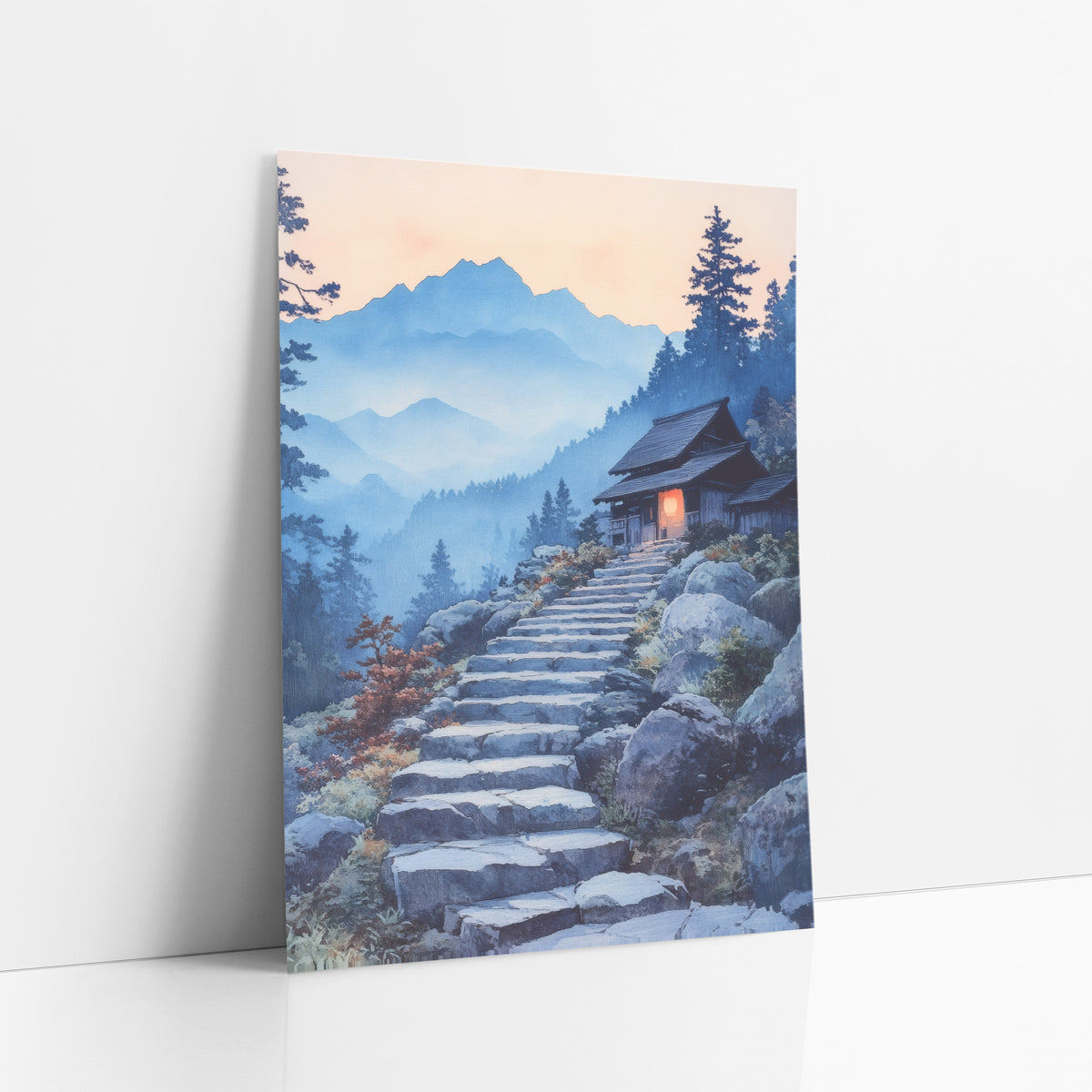 Red Lantern Dusk Stairway Japandi art print leaning against a white wall – watercolor-style scene of stone steps climbing