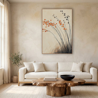 Orange Pompom Grass Stems Botanical wall art in a calm Japandi-style room – thin black grass stems with round orange
