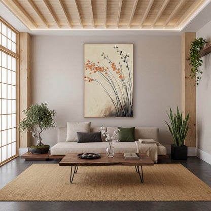 Orange Pompom Grass Stems Botanical wall art in a calm Japandi-style room – thin black grass stems with round orange