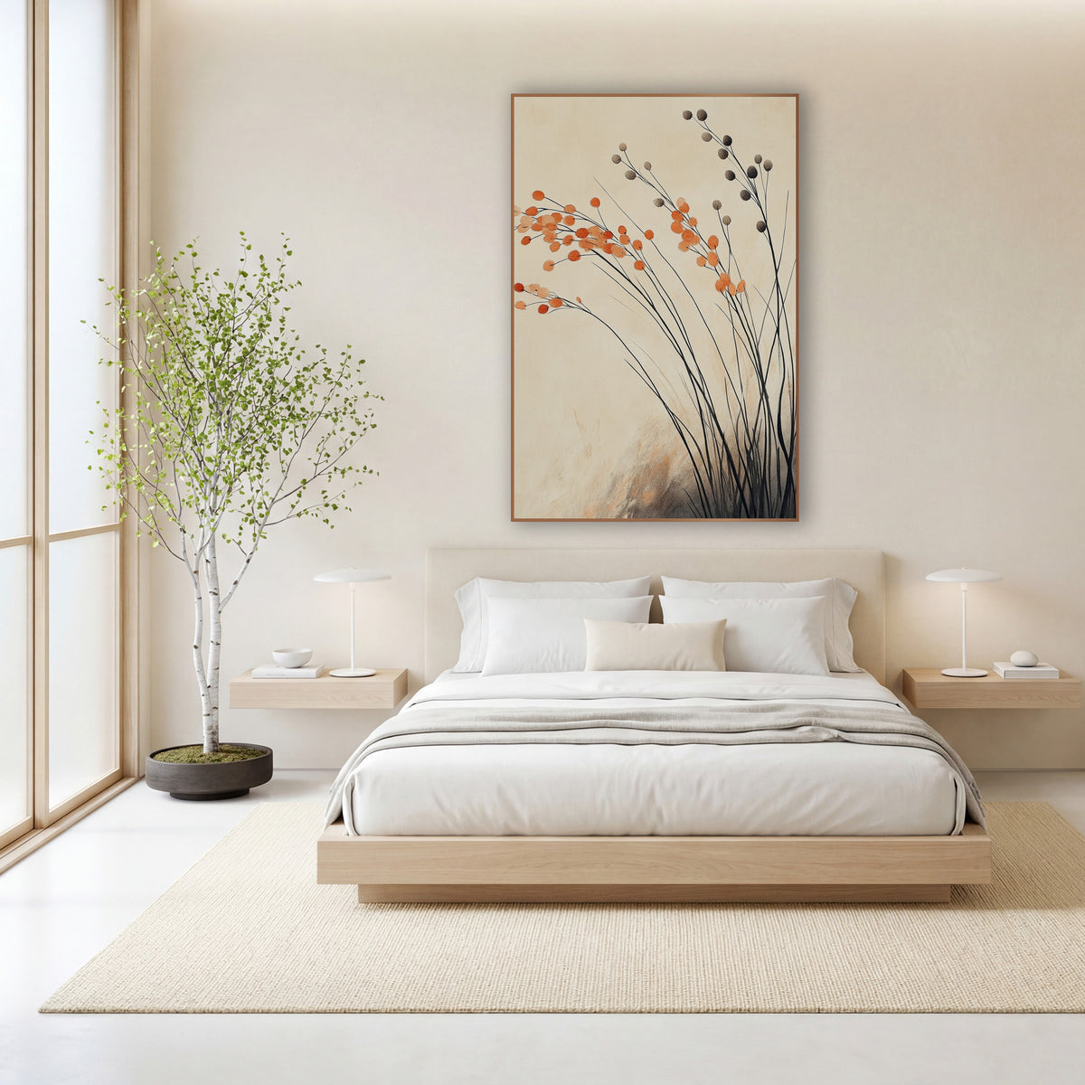 Orange Pompom Grass Stems Botanical wall art in a calm Japandi-style room – thin black grass stems with round orange
