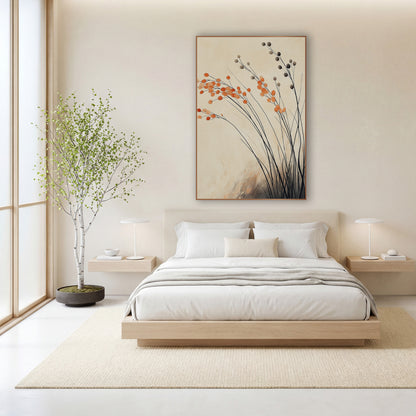 Orange Pompom Grass Stems Botanical wall art in a calm Japandi-style room – thin black grass stems with round orange