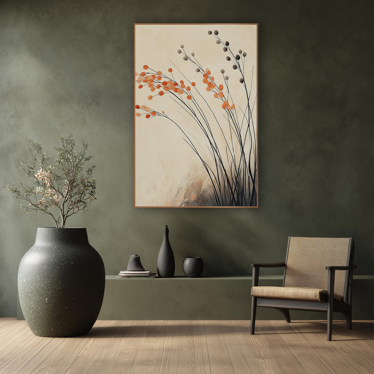 Orange Pompom Grass Stems Botanical wall art in a calm Japandi-style room – thin black grass stems with round orange
