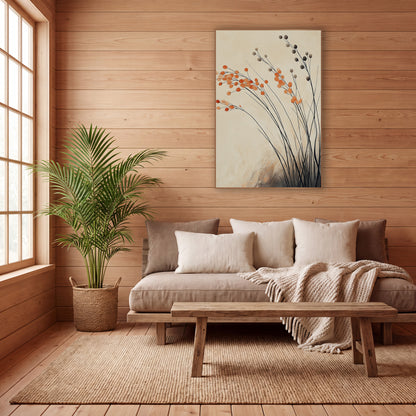 Orange Pompom Grass Stems Botanical wall art in a calm Japandi-style room – thin black grass stems with round orange