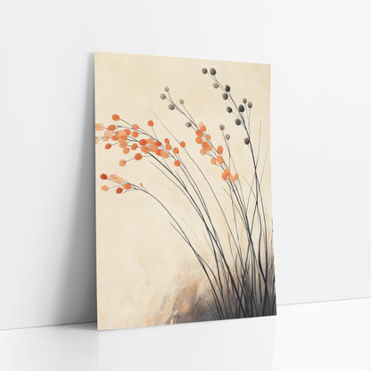Orange Pompom Grass Stems Botanical art print leaning against a white wall – thin black grass stems with round orange