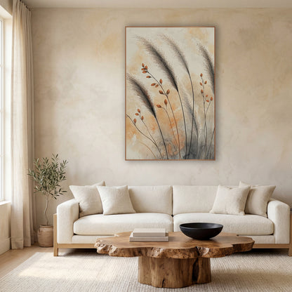 Smoky Susuki Seedpods Japandi Botanical wall art in a calm Japandi-style room – gray susuki grass plumes