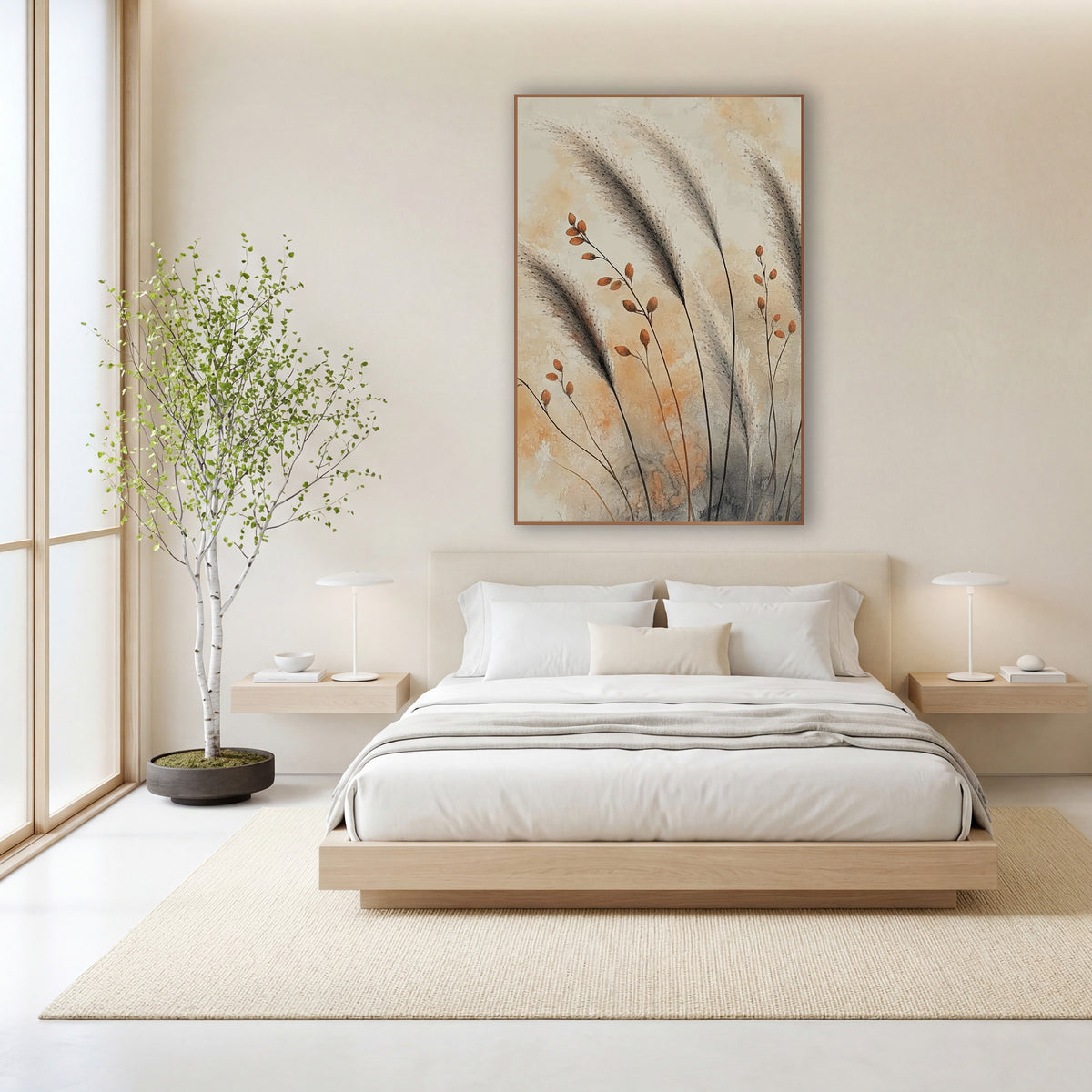 Smoky Susuki Seedpods Japandi Botanical wall art in a calm Japandi-style room – gray susuki grass plumes