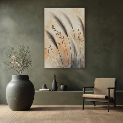 Smoky Susuki Seedpods Japandi Botanical wall art in a calm Japandi-style room – gray susuki grass plumes